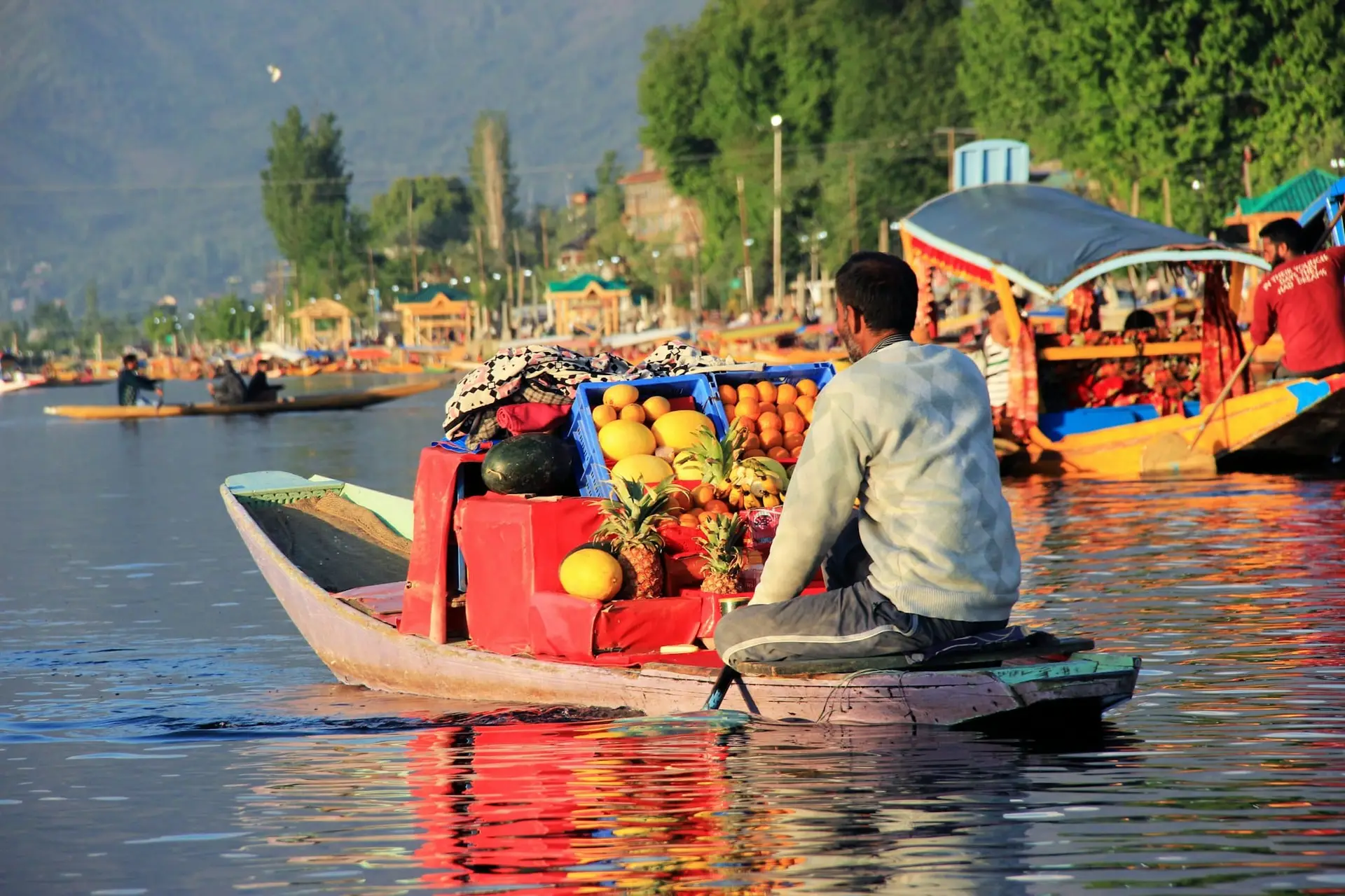 A floating vendor selling fruit from his boat on Dal Lake