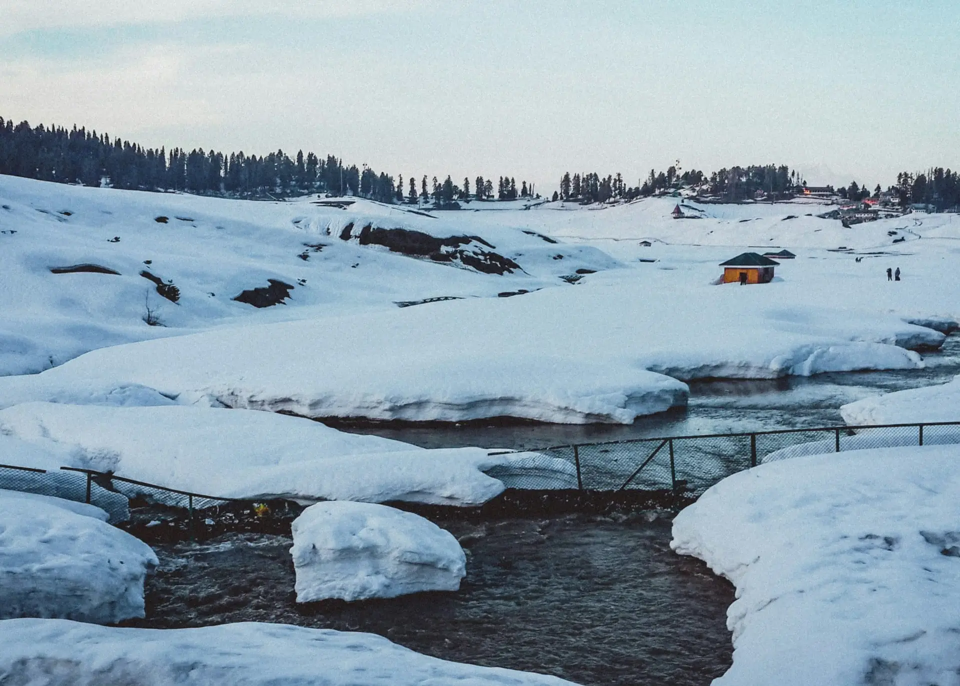 Snowfields and dark pines on the slopes of Gulmarg
