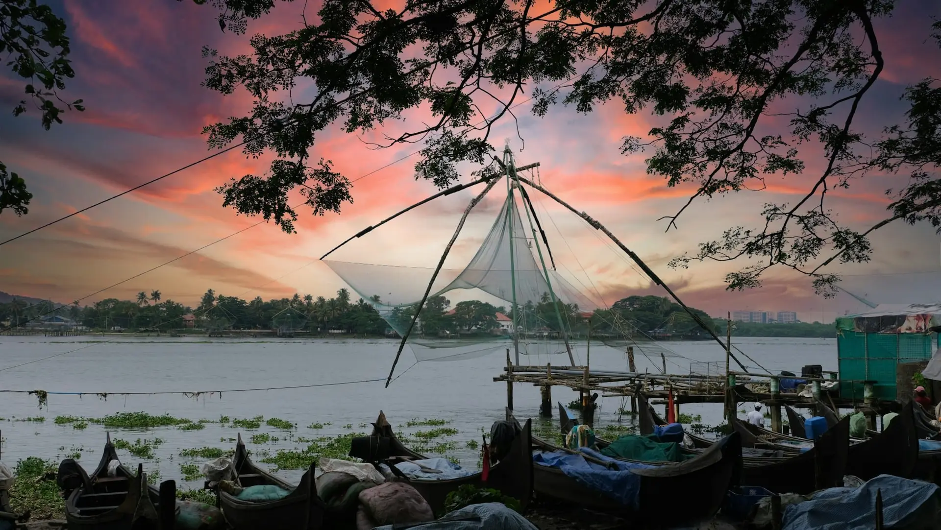 Chinese fishing nets silhouetted at sunset on the Kochi waterfront