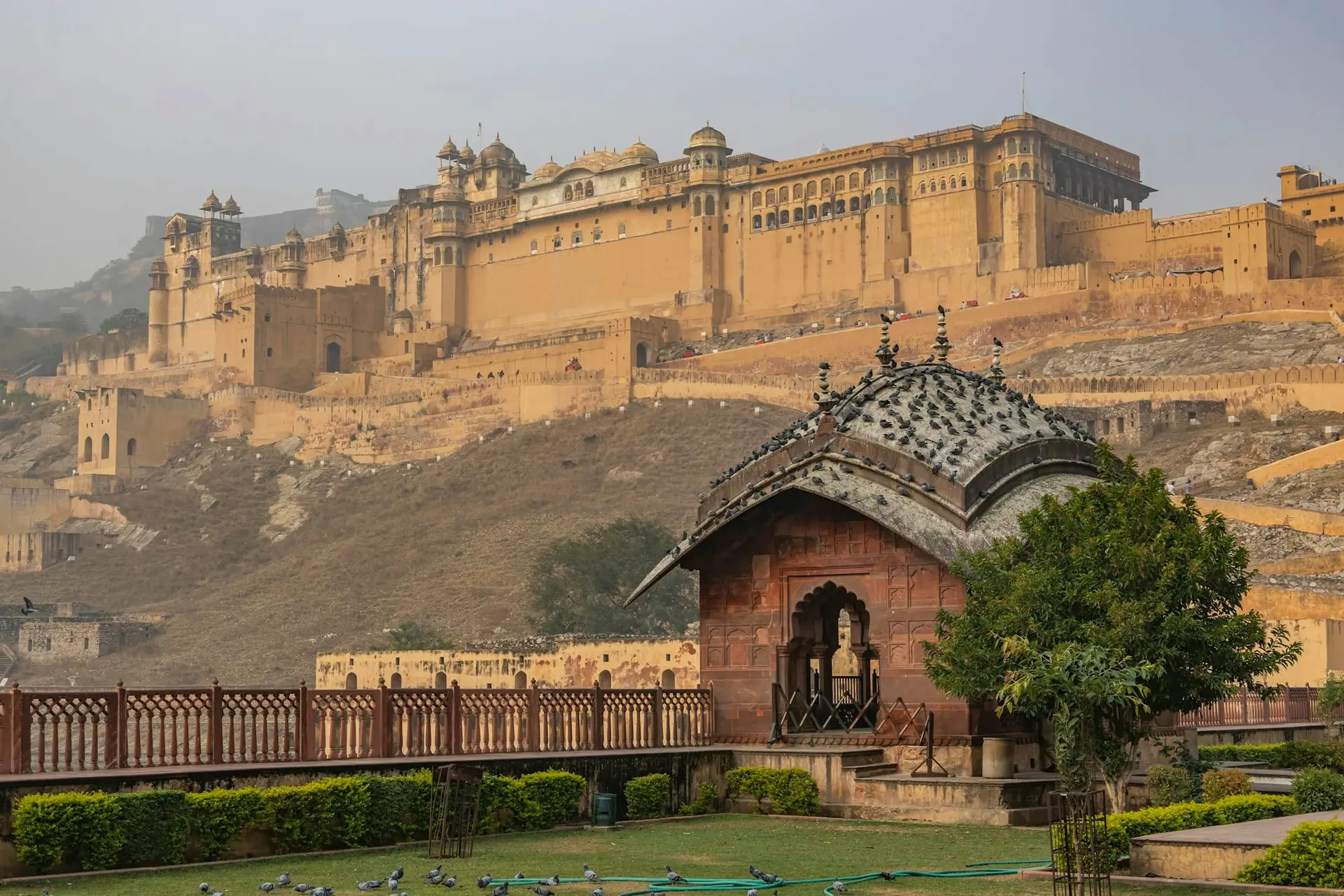 Amber Fort's honey-coloured ramparts rising above the hills outside Jaipur