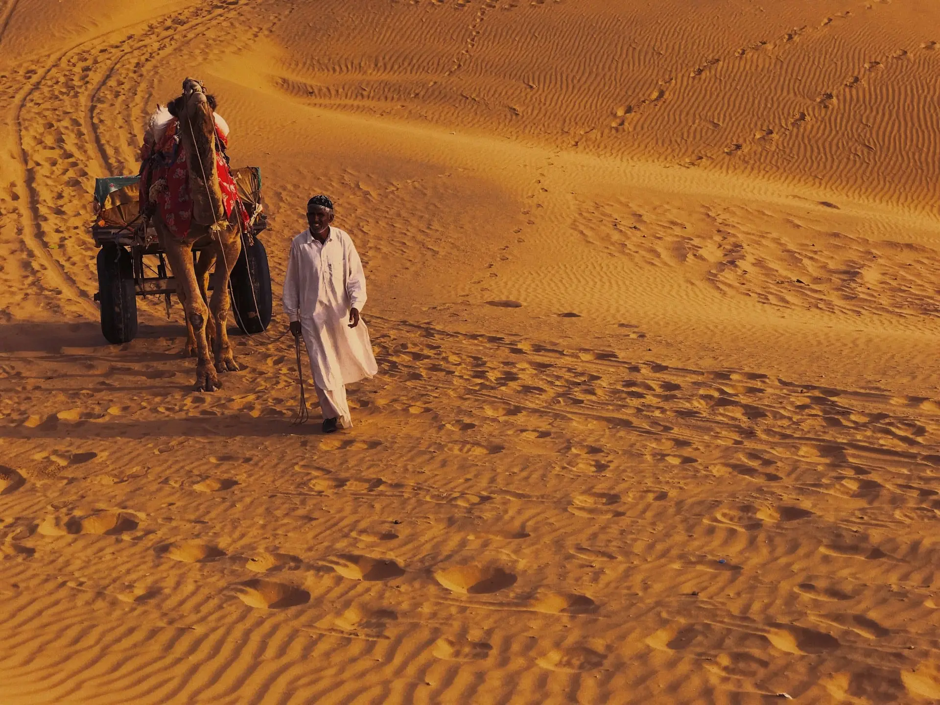 Two people walking with a camel across the rippled sand of the Thar Desert