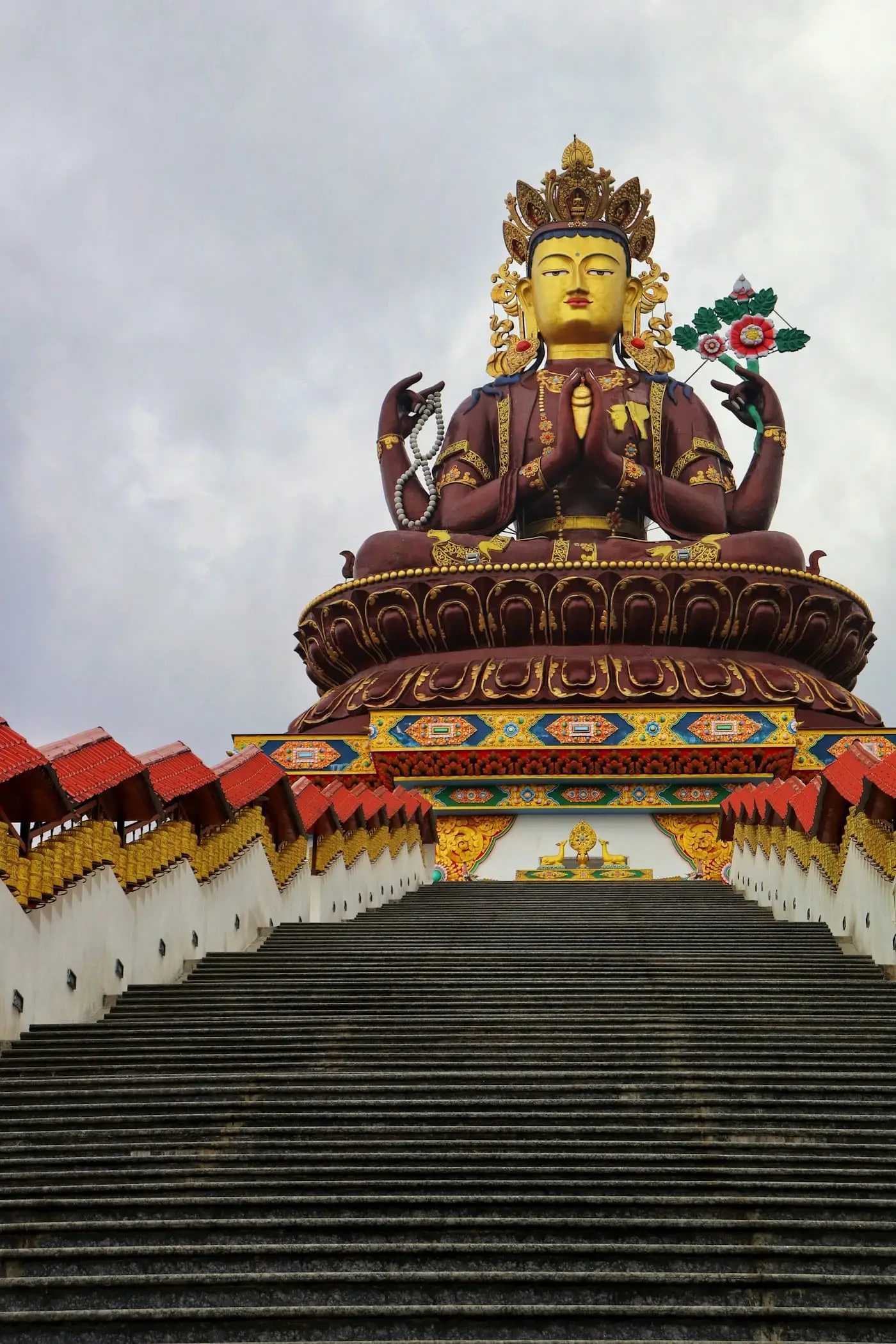 The Chenrezig statue at the top of a long stairway in Pelling