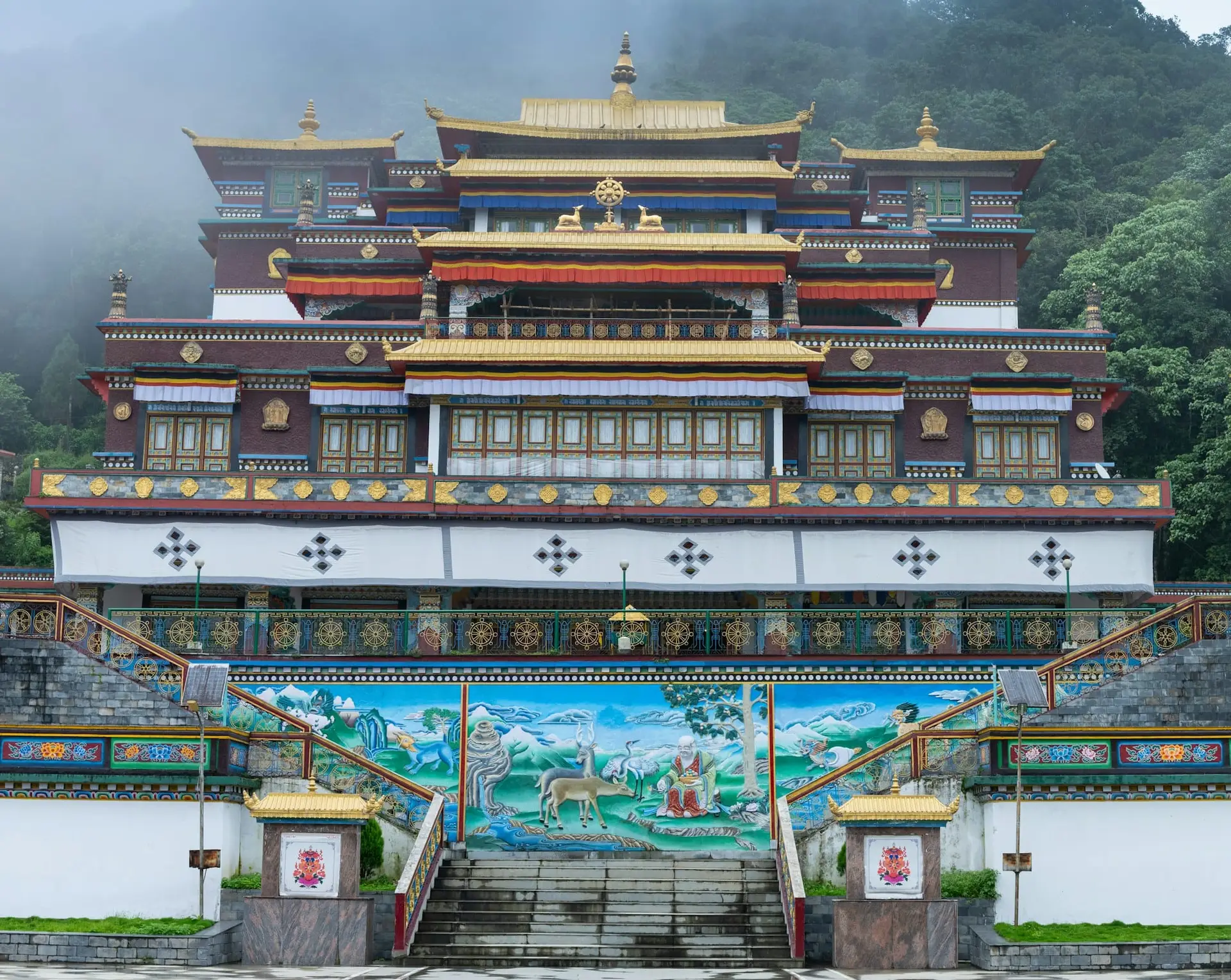The courtyard and painted facade of Ranka Monastery near Gangtok